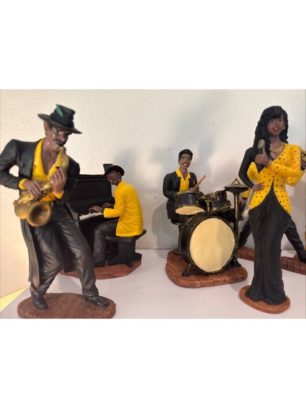 Vtg Painted Resin Jazz Band Musician Figurine Set, 7pc Mississippi/New Orleans